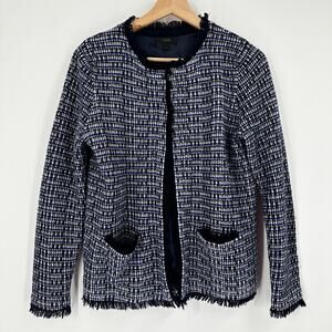 J. Crew Tweed Blazer‎ Jacket Fringe Navy Metallic Hook Eye Size Small